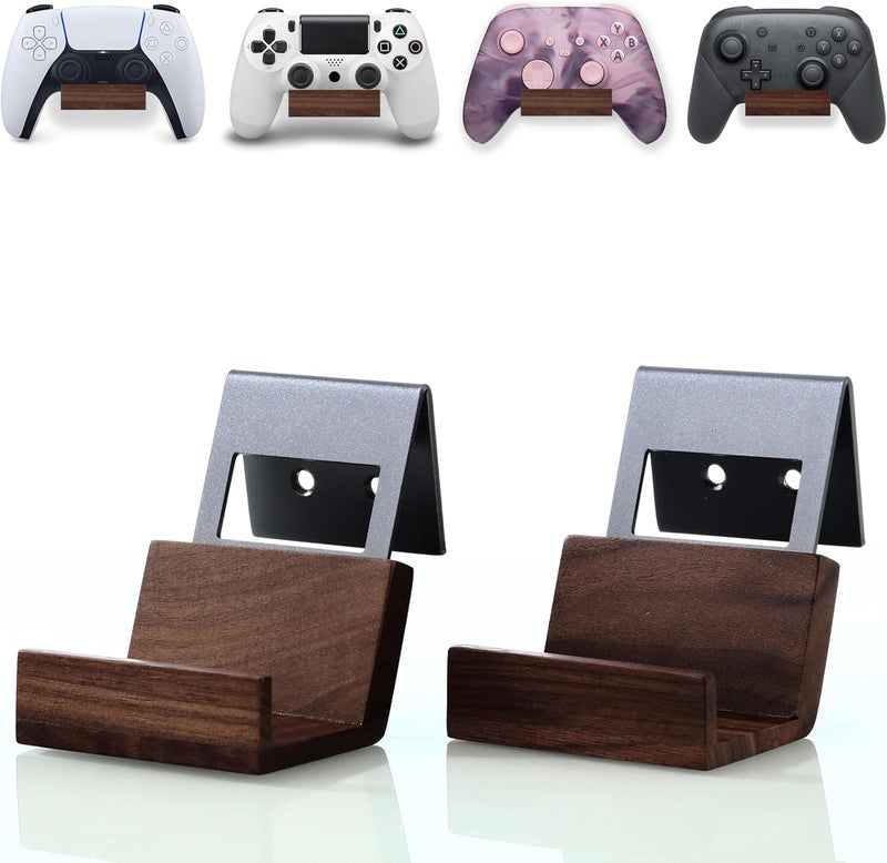 NIRVASH Walnut Controller Wall Mount, Wood Game Controller Holder Stand & Headphone Hanger, Controller & Headset Stand for Xbox, PS5, Remote, Gamer Gifts for Men (2 Pack Grey) - Image 1